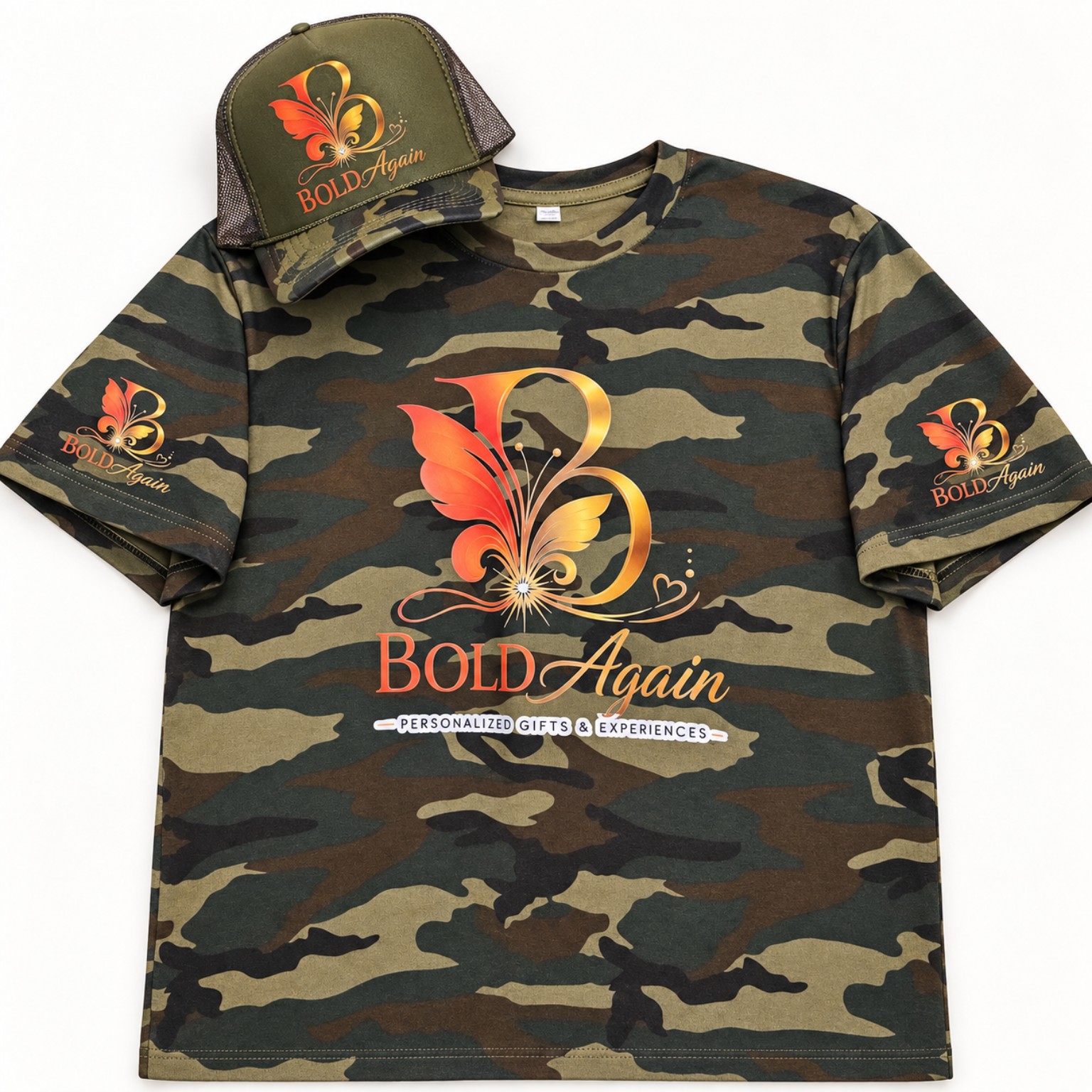 Bold Again custom camouflage shirt and hat